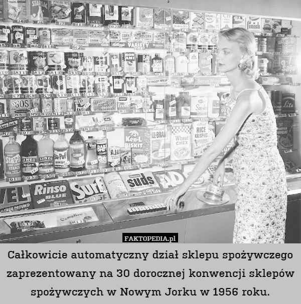 Całkowicie automatyczny dział sklepu spożywczego zaprezentowany na 30 dorocznej konwencji sklepów spożywczych w Nowym Jorku w 1956 roku. 