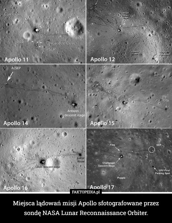 Miejsca lądowań misji Apollo sfotografowane przez sondę NASA Lunar Reconnaissance Orbiter. 