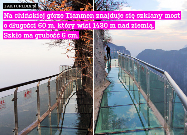 Na chińskiej górze Tianmen znajduje – Na chińskiej górze Tianmen znajduje się szklany most o długości 60 m, który wisi 1430 m nad ziemią.
Szkło ma grubość 6 cm. 