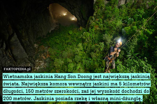 Wietnamska jaskinia Hang Son Doong – Wietnamska jaskinia Hang Son Doong jest największą jaskinią świata. Największa komora wewnątrz jaskini ma 5 kilometrów długości, 150 metrów szerokości, zaś jej wysokość dochodzi do 200 metrów. Jaskinia posiada rzekę i własną mini-dżunglę. 