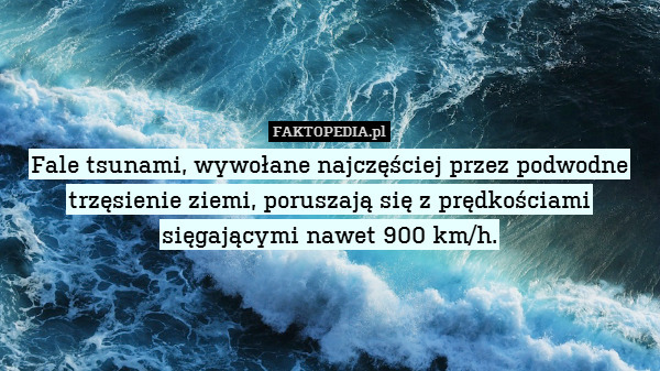 Fale tsunami, wywołane najczęściej – Fale tsunami, wywołane najczęściej przez podwodne trzęsienie ziemi, poruszają się z prędkościami sięgającymi nawet 900 km/h. 