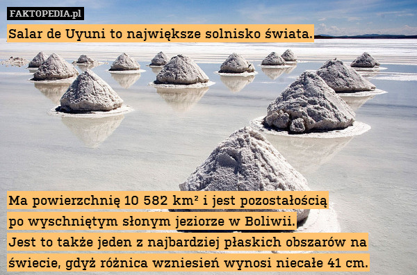 Salar de Uyuni to największe solnisko – Salar de Uyuni to największe solnisko świata.







Ma powierzchnię 10 582 km² i jest pozostałością
po wyschniętym słonym jeziorze w Boliwii.
Jest to także jeden z najbardziej płaskich obszarów na świecie, gdyż różnica wzniesień wynosi niecałe 41 cm. 