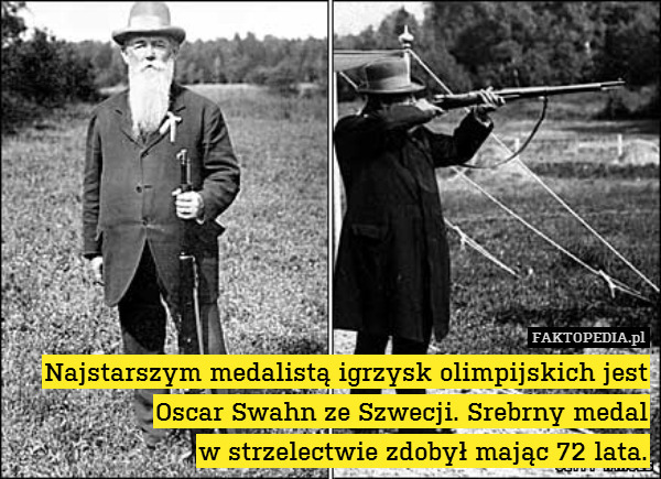 Najstarszym medalistą igrzysk olimpijskich jest
Oscar Swahn ze Szwecji. Srebrny medal
w strzelectwie zdobył mając 72 lata. 