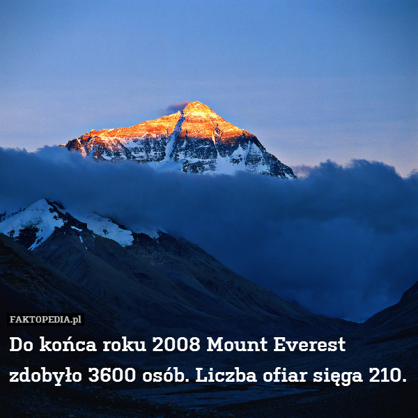 Do końca roku 2008 Mount Everest
zdobyło 3600 osób. Liczba ofiar sięga 210. 