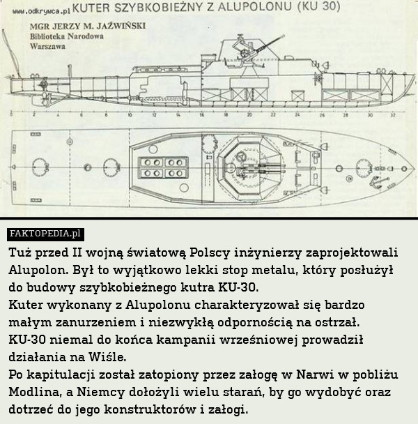 Tuż przed II wojną światową Polscy inżynierzy zaprojektowali Alupolon. Był to wyjątkowo lekki stop metalu, który posłużył do budowy szybkobieżnego kutra KU-30. 
Kuter wykonany z Alupolonu charakteryzował się bardzo małym zanurzeniem i niezwykłą odpornością na ostrzał.
KU-30 niemal do końca kampanii wrześniowej prowadził działania na Wiśle.
Po kapitulacji został zatopiony przez załogę w Narwi w pobliżu Modlina, a Niemcy dołożyli wielu starań, by go wydobyć oraz dotrzeć do jego konstruktorów i załogi. 