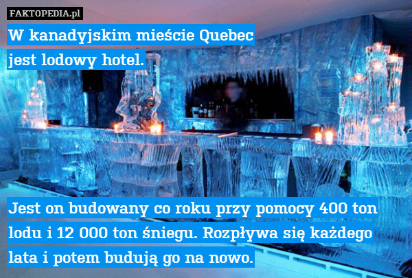 W kanadyjskim mieście Quebec
jest lodowy hotel.





Jest on budowany co roku przy pomocy 400 ton lodu i 12 000 ton śniegu. Rozpływa się każdego
lata i potem budują go na nowo. 