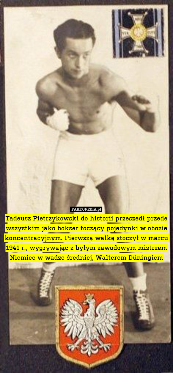 Tadeusz Pietrzykowski do historii przeszedł przede wszystkim jako bokser toczący pojedynki w obozie koncentracyjnym. Pierwszą walkę stoczył w marcu 1941 r., wygrywając z byłym zawodowym mistrzem Niemiec w wadze średniej, Walterem Düningiem 