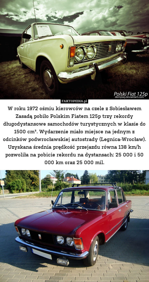 W roku 1972 ośmiu kierowców na czele z Sobiesławem Zasadą pobiło Polskim Fiatem 125p trzy rekordy długodystansowe samochodów turystycznych w klasie do 1500 cm³. Wydarzenie miało miejsce na jednym z odcinków podwrocławskiej autostrady (Legnica-Wrocław). Uzyskana średnia prędkość przejazdu równa 138 km/h pozwoliła na pobicie rekordu na dystansach: 25 000 i 50 000 km oraz 25 000 mil. 