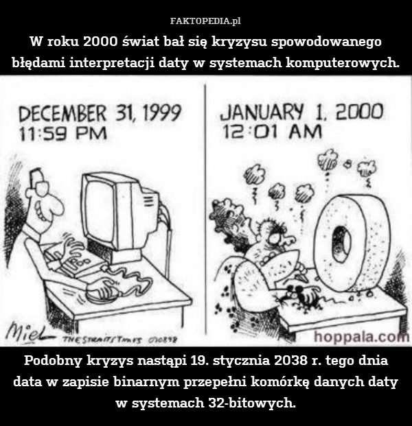 W roku 2000 świat bał się kryzysu spowodowanego błędami interpretacji daty w systemach komputerowych.













Podobny kryzys nastąpi 19. stycznia 2038 r. tego dnia data w zapisie binarnym przepełni komórkę danych daty w systemach 32-bitowych. 