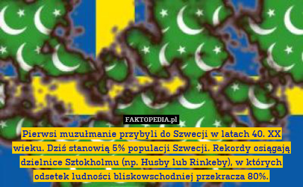 Pierwsi muzułmanie przybyli do Szwecji w latach 40. XX wieku. Dziś stanowią 5% populacji Szwecji. Rekordy osiągają dzielnice Sztokholmu (np. Husby lub Rinkeby), w których odsetek ludności bliskowschodniej przekracza 80%. 