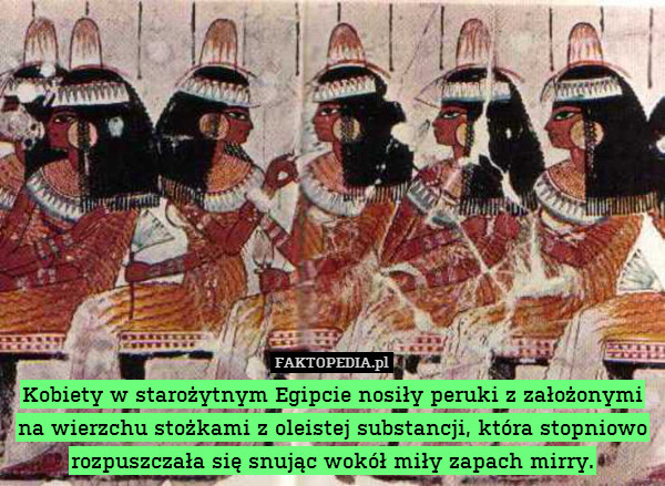 Kobiety w starożytnym Egipcie nosiły peruki z założonymi na wierzchu stożkami z oleistej substancji, która stopniowo rozpuszczała się snując wokół miły zapach mirry. 
