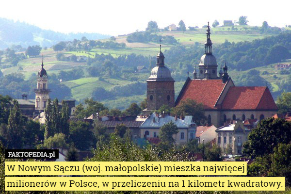 W Nowym Sączu (woj. małopolskie) mieszka najwięcej milionerów w Polsce, w przeliczeniu na 1 kilometr kwadratowy. 