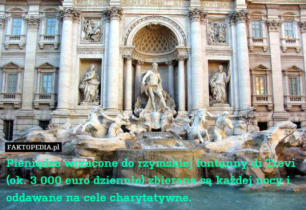 Pieniądze wrzucone do rzymskiej fontanny di Trevi (ok. 3 000 euro dziennie) zbierane są każdej nocy i oddawane na cele charytatywne. 