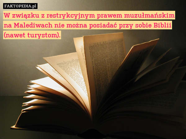 W związku z restrykcyjnym prawem – W związku z restrykcyjnym prawem muzułmańskim na Malediwach nie można posiadać przy sobie Biblii (nawet turystom). 