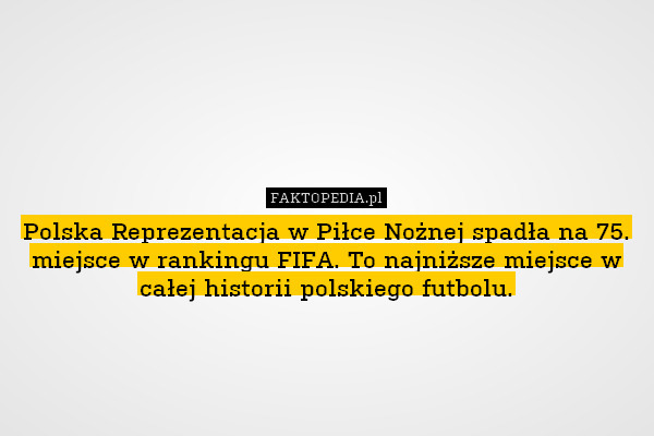 Polska Reprezentacja w Piłce Nożnej spadła na 75. miejsce w rankingu FIFA. To najniższe miejsce w całej historii polskiego futbolu. 