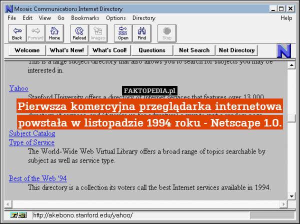 Pierwsza komercyjna przeglądarka internetowa powstała w listopadzie 1994 roku - Netscape 1.0. 