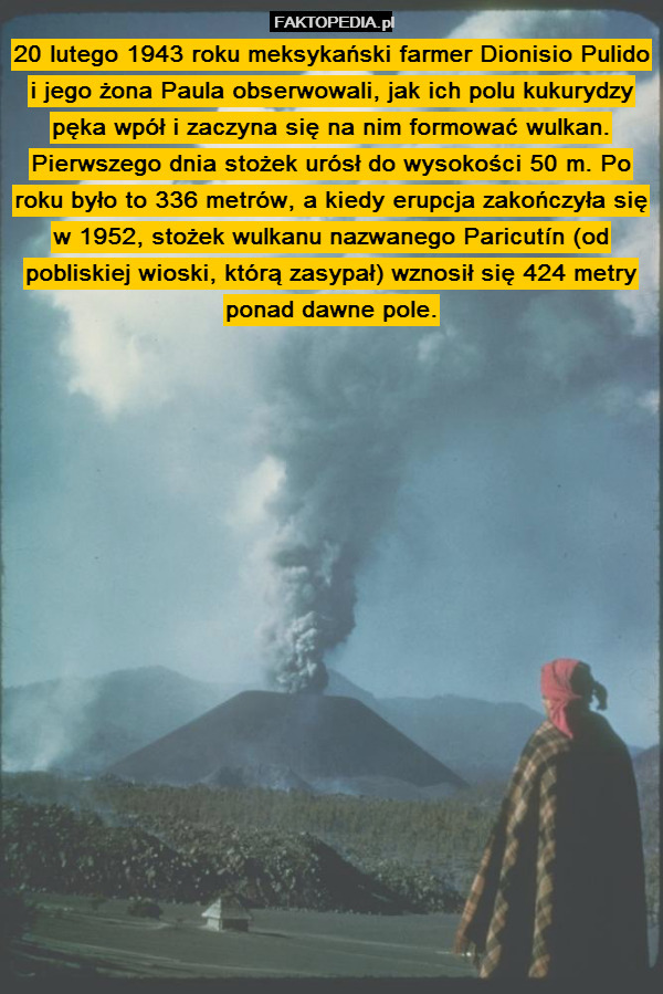 20 lutego 1943 roku meksykański farmer Dionisio Pulido i jego żona Paula obserwowali, jak ich polu kukurydzy pęka wpół i zaczyna się na nim formować wulkan. Pierwszego dnia stożek urósł do wysokości 50 m. Po roku było to 336 metrów, a kiedy erupcja zakończyła się w 1952, stożek wulkanu nazwanego Paricutín (od pobliskiej wioski, którą zasypał) wznosił się 424 metry ponad dawne pole. 