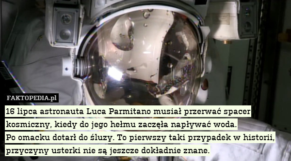 16 lipca astronauta Luca Parmitano musiał przerwać spacer kosmiczny, kiedy do jego hełmu zaczęła napływać woda.
Po omacku dotarł do śluzy. To pierwszy taki przypadek w historii, przyczyny usterki nie są jeszcze dokładnie znane. 