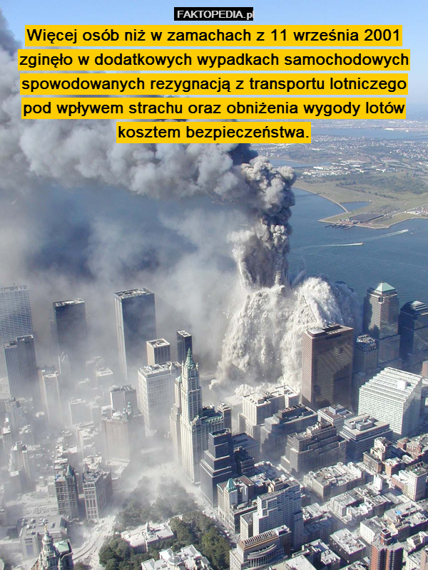 Więcej osób niż w zamachach z 11 września 2001 zginęło w dodatkowych wypadkach samochodowych spowodowanych rezygnacją z transportu lotniczego pod wpływem strachu oraz obniżenia wygody lotów kosztem bezpieczeństwa. 