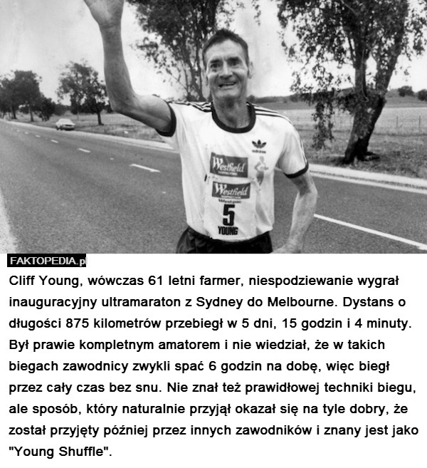 Cliff Young, wówczas 61 letni farmer, niespodziewanie wygrał inauguracyjny ultramaraton z Sydney do Melbourne. Dystans o długości 875 kilometrów przebiegł w 5 dni, 15 godzin i 4 minuty. Był prawie kompletnym amatorem i nie wiedział, że w takich biegach zawodnicy zwykli spać 6 godzin na dobę, więc biegł przez cały czas bez snu. Nie znał też prawidłowej techniki biegu, ale sposób, który naturalnie przyjął okazał się na tyle dobry, że został przyjęty później przez innych zawodników i znany jest jako "Young Shuffle". 