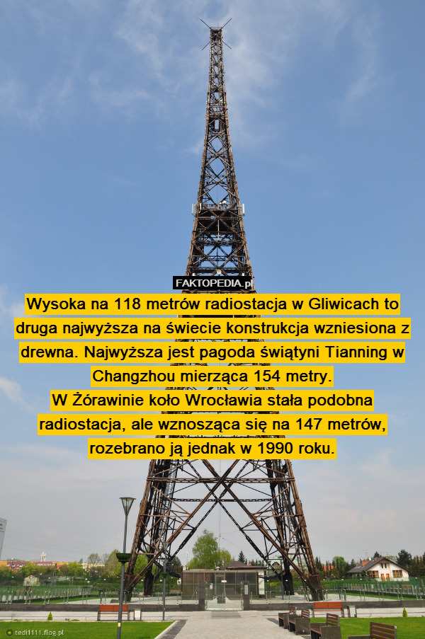 Wysoka na 118 metrów radiostacja w Gliwicach to druga najwyższa na świecie konstrukcja wzniesiona z drewna. Najwyższa jest pagoda świątyni Tianning w Changzhou mierząca 154 metry.
W Żórawinie koło Wrocławia stała podobna radiostacja, ale wznosząca się na 147 metrów, rozebrano ją jednak w 1990 roku. 