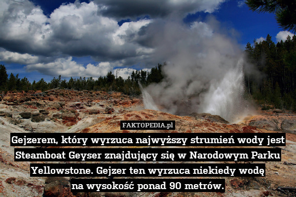 Gejzerem, który wyrzuca najwyższy – Gejzerem, który wyrzuca najwyższy strumień wody jest Steamboat Geyser znajdujący się w Narodowym Parku Yellowstone. Gejzer ten wyrzuca niekiedy wodę
na wysokość ponad 90 metrów. 