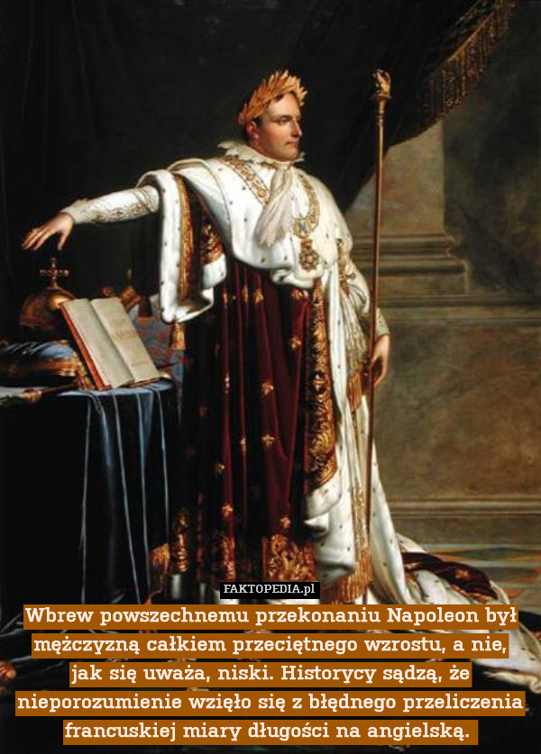 Wbrew powszechnemu przekonaniu Napoleon był mężczyzną całkiem przeciętnego wzrostu, a nie,
jak się uważa, niski. Historycy sądzą, że nieporozumienie wzięło się z błędnego przeliczenia francuskiej miary długości na angielską. 