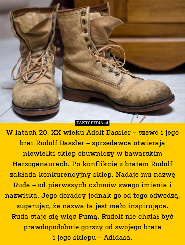 W latach 20. XX wieku Adolf Dassler – szewc i jego brat Rudolf Dassler – sprzedawca otwierają niewielki sklep obuwniczy w bawarskim Herzogenaurach. Po konflikcie z bratem Rudolf zakłada konkurencyjny sklep. Nadaje mu nazwę Ruda – od pierwszych członów swego imienia i nazwiska. Jego doradcy jednak go od tego odwodzą, sugerując, że nazwa ta jest mało inspirująca.
Ruda staje się więc Pumą. Rudolf nie chciał być prawdopodobnie gorszy od swojego brata
i jego sklepu – Adidasa. 