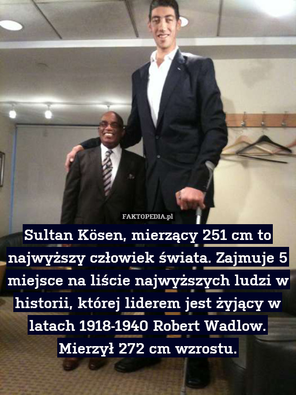 Sultan Kösen, mierzący 251 cm to najwyższy człowiek świata. Zajmuje 5 miejsce na liście najwyższych ludzi w historii, której liderem jest żyjący w latach 1918-1940 Robert Wadlow. Mierzył 272 cm wzrostu. 