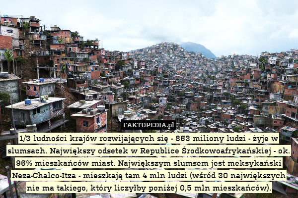 1/3 ludności krajów rozwijających się - 863 miliony ludzi - żyje w slumsach. Największy odsetek w Republice Środkowoafrykańskiej - ok. 96% mieszkańców miast. Największym slumsem jest meksykański Neza-Chalco-Itza - mieszkają tam 4 mln ludzi (wśród 30 największych nie ma takiego, który liczyłby poniżej 0,5 mln mieszkańców). 