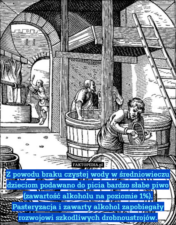 Z powodu braku czystej wody w średniowieczu dzieciom podawano do picia bardzo słabe piwo (zawartość alkoholu na poziomie 1%).
Pasteryzacja i zawarty alkohol zapobiegały rozwojowi szkodliwych drobnoustrojów. 