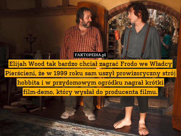 Elijah Wood tak bardzo chciał zagrać Frodo we Władcy Pierścieni, że w 1999 roku sam uszył prowizoryczny strój hobbita i w przydomowym ogródku nagrał krótki film-demo, który wysłał do producenta filmu. 