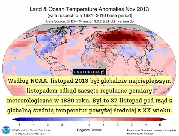 Według NOAA, listopad 2013 był globalnie najcieplejszym listopadem odkąd zaczęto regularne pomiary meteorologiczne w 1880 roku. Był to 37 listopad pod rząd z globalną średnią temperatur powyżej średniej z XX wieku. 