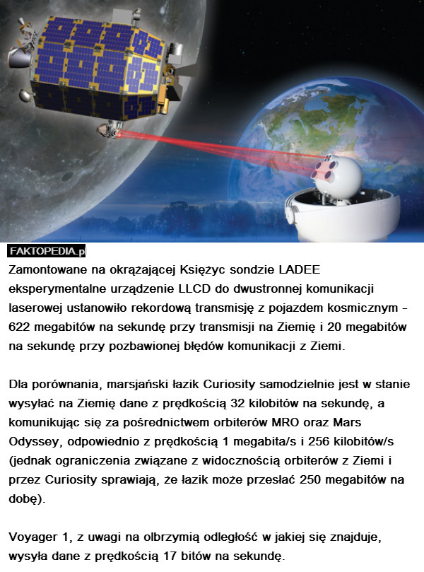 Zamontowane na okrążającej Księżyc sondzie LADEE eksperymentalne urządzenie LLCD do dwustronnej komunikacji laserowej ustanowiło rekordową transmisję z pojazdem kosmicznym - 622 megabitów na sekundę przy transmisji na Ziemię i 20 megabitów na sekundę przy pozbawionej błędów komunikacji z Ziemi. 

Dla porównania, marsjański łazik Curiosity samodzielnie jest w stanie wysyłać na Ziemię dane z prędkością 32 kilobitów na sekundę, a komunikując się za pośrednictwem orbiterów MRO oraz Mars Odyssey, odpowiednio z prędkością 1 megabita/s i 256 kilobitów/s (jednak ograniczenia związane z widocznością orbiterów z Ziemi i przez Curiosity sprawiają, że łazik może przesłać 250 megabitów na dobę). 

Voyager 1, z uwagi na olbrzymią odległość w jakiej się znajduje, wysyła dane z prędkością 17 bitów na sekundę. 