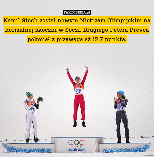Kamil Stoch został nowym Mistrzem Olimpijskim na normalnej skoczni w Soczi. Drugiego Petera Prevca pokonał z przewagą aż 12,7 punkta. 