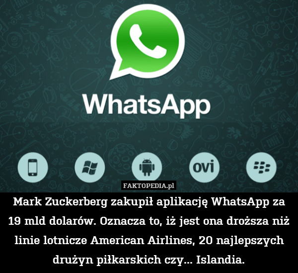 Mark Zuckerberg zakupił aplikację WhatsApp za 19 mld dolarów. Oznacza to, iż jest ona droższa niż linie lotnicze American Airlines, 20 najlepszych drużyn piłkarskich czy... Islandia. 