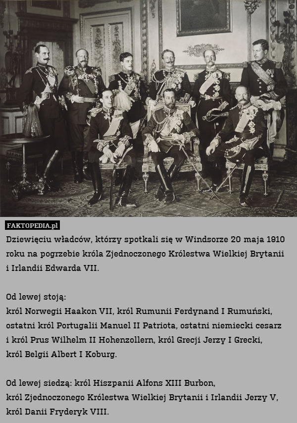Dziewięciu władców, którzy spotkali się w Windsorze 20 maja 1910 roku na pogrzebie króla Zjednoczonego Królestwa Wielkiej Brytanii
i Irlandii Edwarda VII.

Od lewej stoją:
król Norwegii Haakon VII, król Rumunii Ferdynand I Rumuński, ostatni król Portugalii Manuel II Patriota, ostatni niemiecki cesarz
i król Prus Wilhelm II Hohenzollern, król Grecji Jerzy I Grecki,
król Belgii Albert I Koburg.

Od lewej siedzą: król Hiszpanii Alfons XIII Burbon,
król Zjednoczonego Królestwa Wielkiej Brytanii i Irlandii Jerzy V, król Danii Fryderyk VIII. 