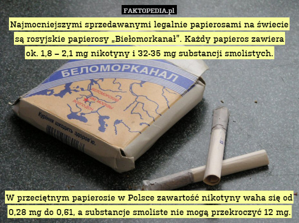 Najmocniejszymi sprzedawanymi legalnie papierosami na świecie są rosyjskie papierosy „Biełomorkanał”. Każdy papieros zawiera
ok. 1,8 – 2,1 mg nikotyny i 32-35 mg substancji smolistych.









W przeciętnym papierosie w Polsce zawartość nikotyny waha się od 0,28 mg do 0,61, a substancje smoliste nie mogą przekroczyć 12 mg. 