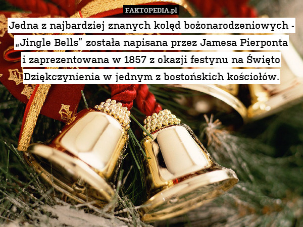 Jedna z najbardziej znanych kolęd bożonarodzeniowych - „Jingle Bells” została napisana przez Jamesa Pierponta
i zaprezentowana w 1857 z okazji festynu na Święto Dziękczynienia w jednym z bostońskich kościołów. 