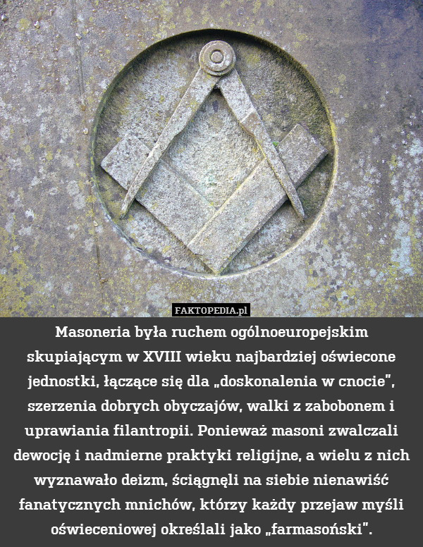 Masoneria była ruchem ogólnoeuropejskim skupiającym w XVIII wieku najbardziej oświecone jednostki, łączące się dla „doskonalenia w cnocie”, szerzenia dobrych obyczajów, walki z zabobonem i uprawiania filantropii. Ponieważ masoni zwalczali dewocję i nadmierne praktyki religijne, a wielu z nich wyznawało deizm, ściągnęli na siebie nienawiść fanatycznych mnichów, którzy każdy przejaw myśli oświeceniowej określali jako „farmasoński”. 