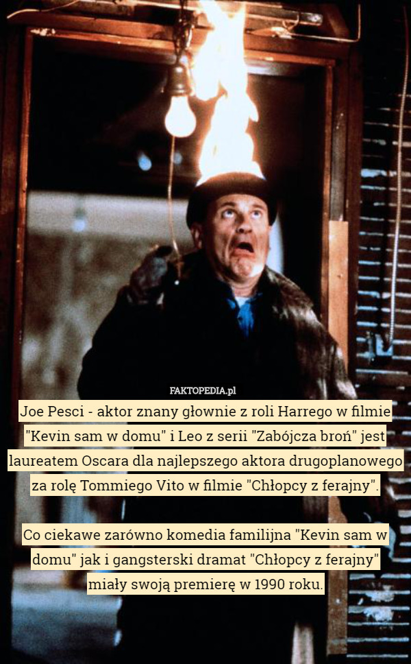 Joe Pesci - aktor znany głownie z roli Harrego w filmie "Kevin sam w domu" i Leo z serii "Zabójcza broń" jest laureatem Oscara dla najlepszego aktora drugoplanowego za rolę Tommiego Vito w filmie "Chłopcy z ferajny".

Co ciekawe zarówno komedia familijna "Kevin sam w domu" jak i gangsterski dramat "Chłopcy z ferajny"
 miały swoją premierę w 1990 roku. 