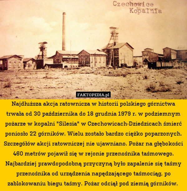 Najdłuższa akcja ratownicza w historii polskiego górnictwa trwała od 30 października do 18 grudnia 1979 r. w podziemnym pożarze w kopalni "Silesia" w Czechowicach-Dziedzicach śmierć poniosło 22 górników. Wielu zostało bardzo ciężko poparzonych. Szczegółów akcji ratowniczej nie ujawniano. Pożar na głębokości 460 metrów pojawił się w rejonie przenośnika taśmowego. Najbardziej prawdopodobną przyczyną było zapalenie się taśmy przenośnika od urządzenia napędzającego taśmociąg, po zablokowaniu biegu taśmy. Pożar odciął pod ziemią górników. 