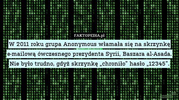 W 2011 roku grupa Anonymous włamała się na skrzynkę e-mailową ówczesnego prezydenta Syrii, Baszara al-Asada. Nie było trudno, gdyż skrzynkę „chroniło” hasło „12345”. 