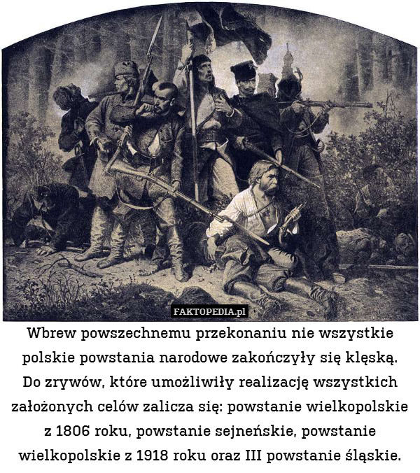 Wbrew powszechnemu przekonaniu nie wszystkie polskie powstania narodowe zakończyły się klęską.
Do zrywów, które umożliwiły realizację wszystkich założonych celów zalicza się: powstanie wielkopolskie z 1806 roku, powstanie sejneńskie, powstanie wielkopolskie z 1918 roku oraz III powstanie śląskie. 