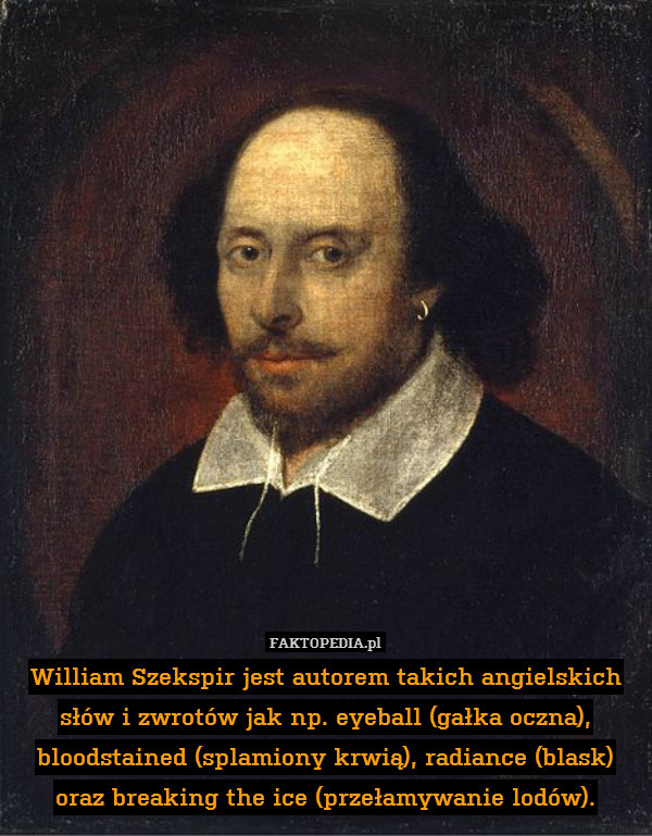William Szekspir jest autorem takich angielskich słów i zwrotów jak np. eyeball (gałka oczna), bloodstained (splamiony krwią), radiance (blask) oraz breaking the ice (przełamywanie lodów). 