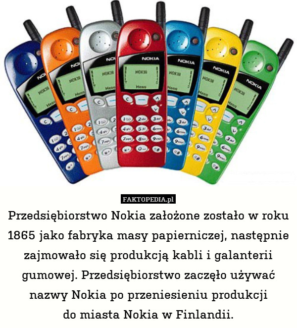 Przedsiębiorstwo Nokia założone zostało w roku 1865 jako fabryka masy papierniczej, następnie zajmowało się produkcją kabli i galanterii gumowej. Przedsiębiorstwo zaczęło używać nazwy Nokia po przeniesieniu produkcji
do miasta Nokia w Finlandii. 