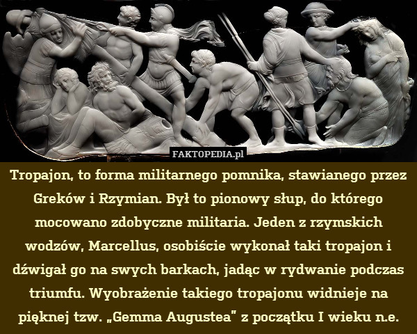 Tropajon, to forma militarnego pomnika, stawianego przez Greków i Rzymian. Był to pionowy słup, do którego mocowano zdobyczne militaria. Jeden z rzymskich wodzów, Marcellus, osobiście wykonał taki tropajon i dźwigał go na swych barkach, jadąc w rydwanie podczas triumfu. Wyobrażenie takiego tropajonu widnieje na pięknej tzw. „Gemma Augustea” z początku I wieku n.e. 