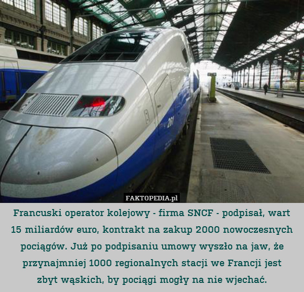Francuski operator kolejowy - firma SNCF - podpisał, wart
15 miliardów euro, kontrakt na zakup 2000 nowoczesnych pociągów. Już po podpisaniu umowy wyszło na jaw, że przynajmniej 1000 regionalnych stacji we Francji jest
zbyt wąskich, by pociągi mogły na nie wjechać. 
