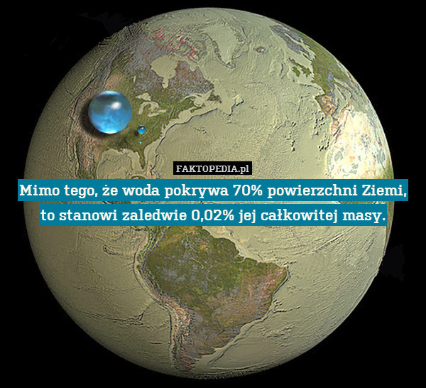 Mimo tego, że woda pokrywa 70% powierzchni Ziemi,
to stanowi zaledwie 0,02% jej całkowitej masy. 