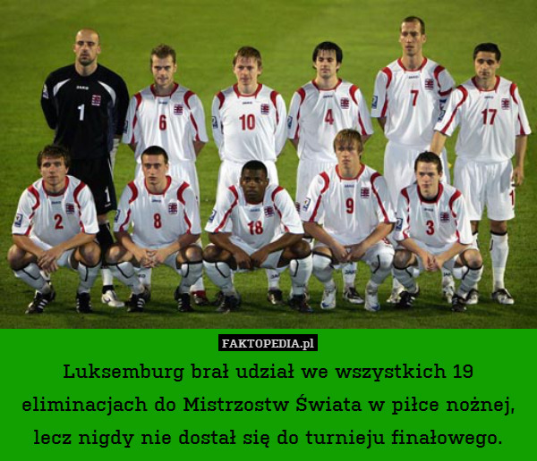 Luksemburg brał udział we wszystkich 19 eliminacjach do Mistrzostw Świata w piłce nożnej, lecz nigdy nie dostał się do turnieju finałowego. 